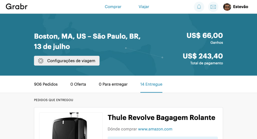 Print do site da Grabr mostrando uma viagem cadastrada com valores gastos e total de pagamentos recebidos