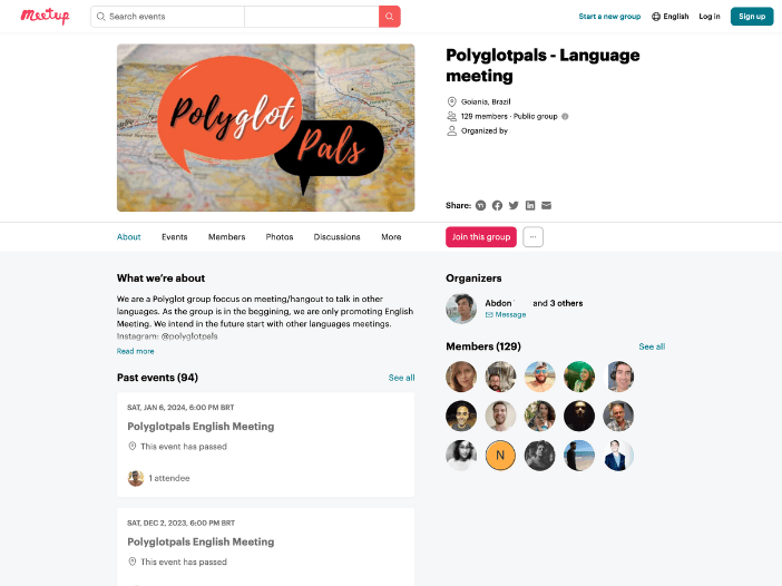 Captura de tela do site Meetup mostrando um grupo de idiomas localizado em Goiânia, Goiás
