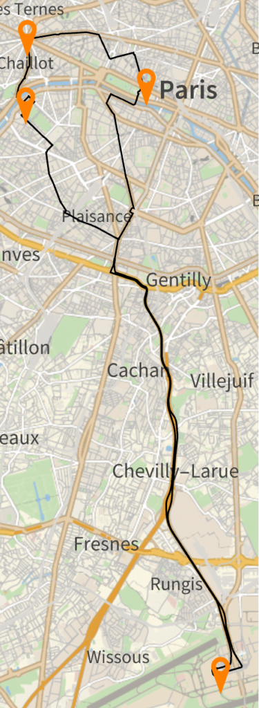 Mapa de Paris, na França, com um roteiro que sai do aeroporto de Paris-Orly, indo para a Torre Eiffel, Arco do Triunfo, Museu do Louvre e segue de volta ao aeroporto. 