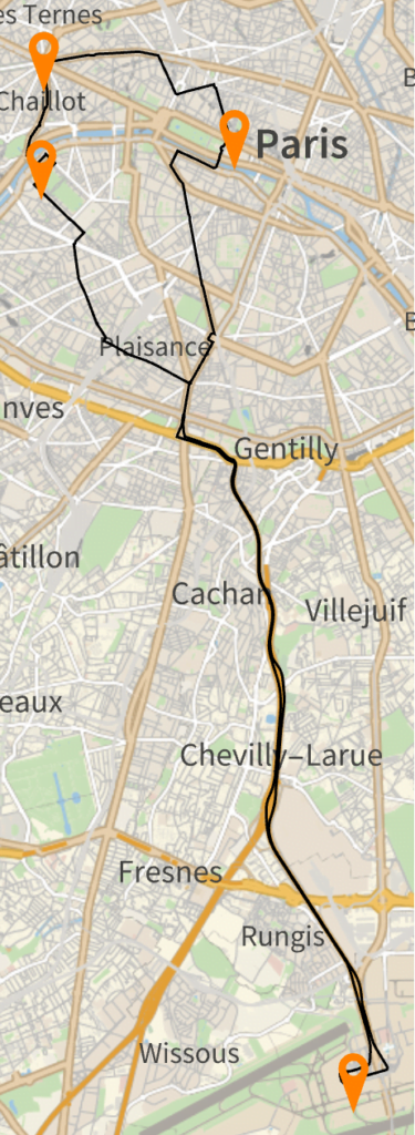 Mapa de Paris, na França, com um roteiro que sai do aeroporto de Paris-Orly, indo para a Torre Eiffel, Arco do Triunfo, Museu do Louvre e segue de volta ao aeroporto.